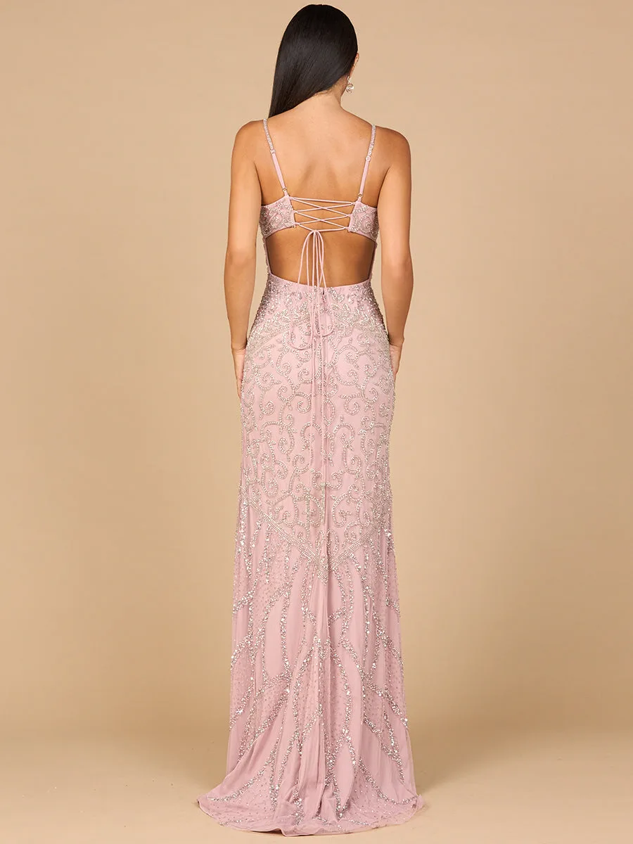 Embellished Gown with Slit And Low Back by Lara New York — style 9959