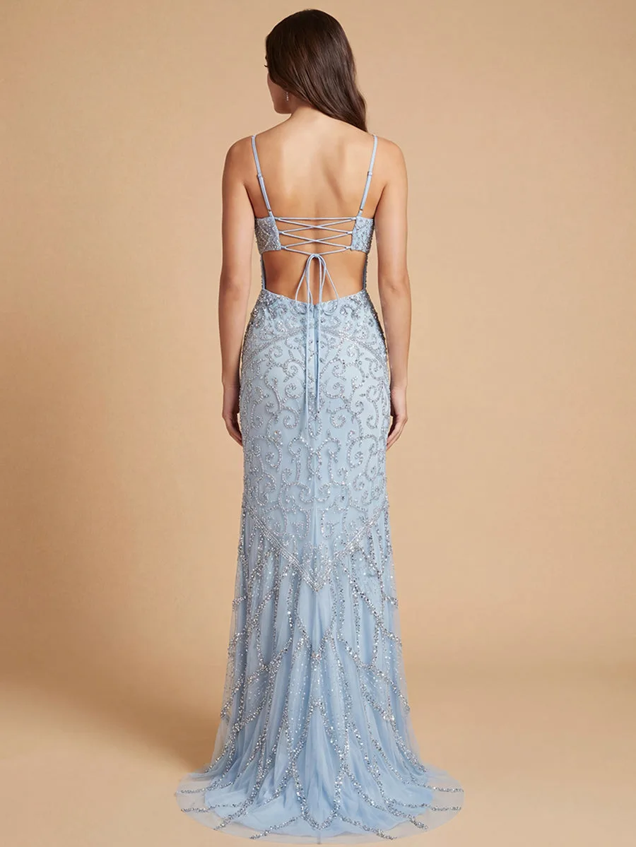 Embellished Gown with Slit And Low Back by Lara New York — style 9959