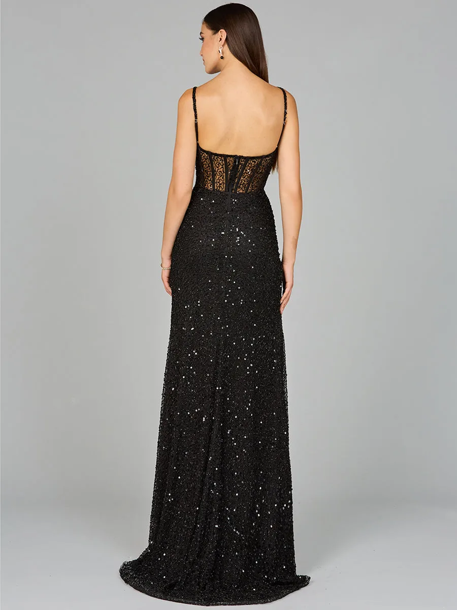 Elegant Corset Gown with Slit by Lara New York — style 9960