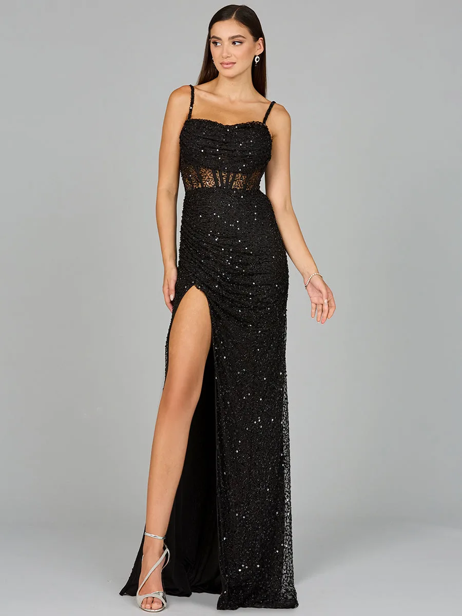 Elegant Corset Gown with Slit by Lara New York — style 9960 in Black