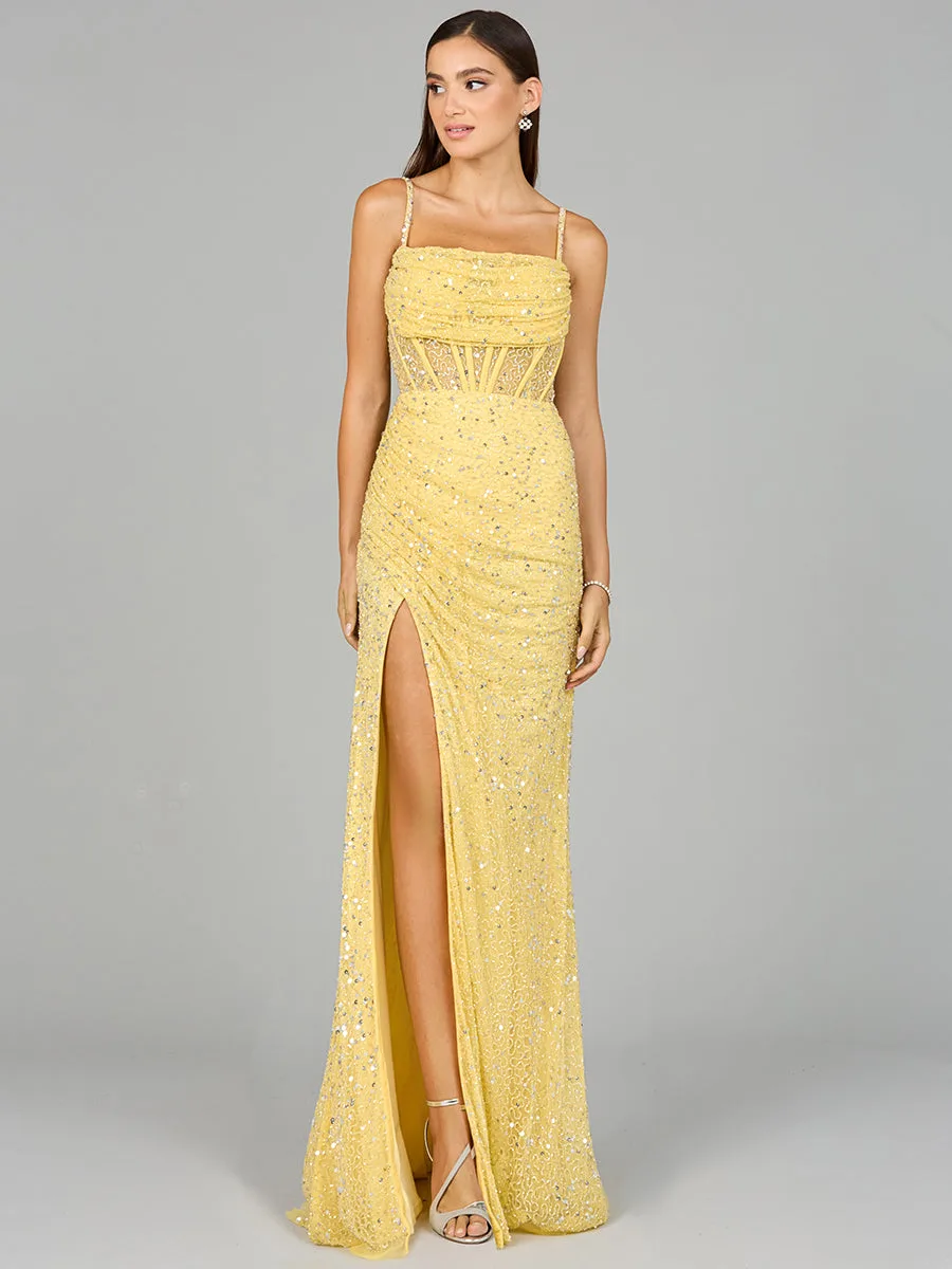 Elegant Corset Gown with Slit by Lara New York — style 9960