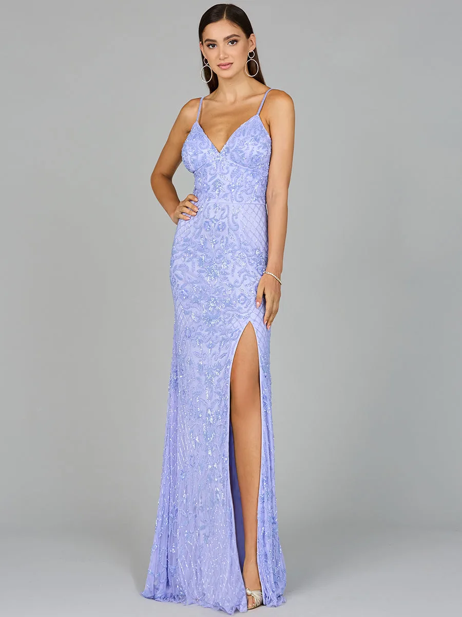 Body Con V-Neck Beaded Gown by Lara New York — style 9961 in Blue Iris