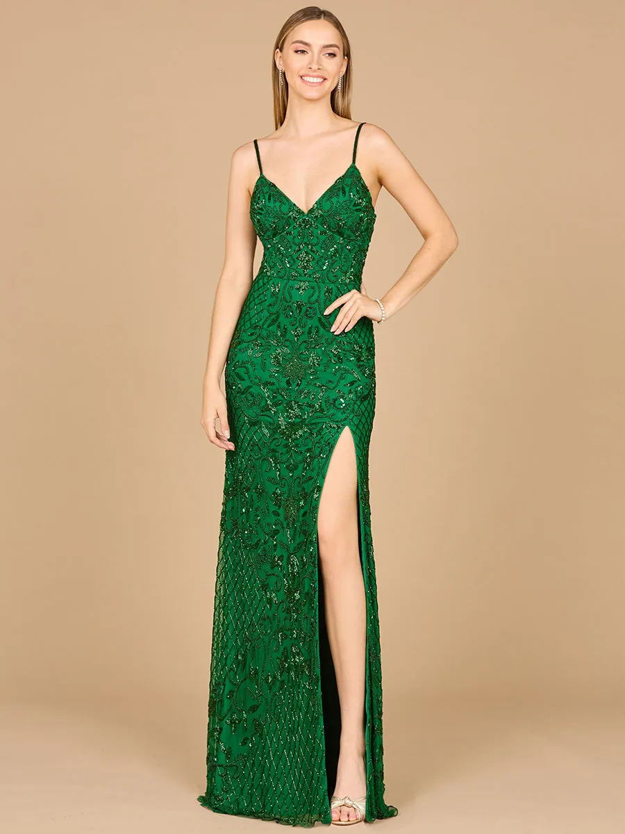 Body Con V-Neck Beaded Gown by Lara New York — style 9961 in Emerald