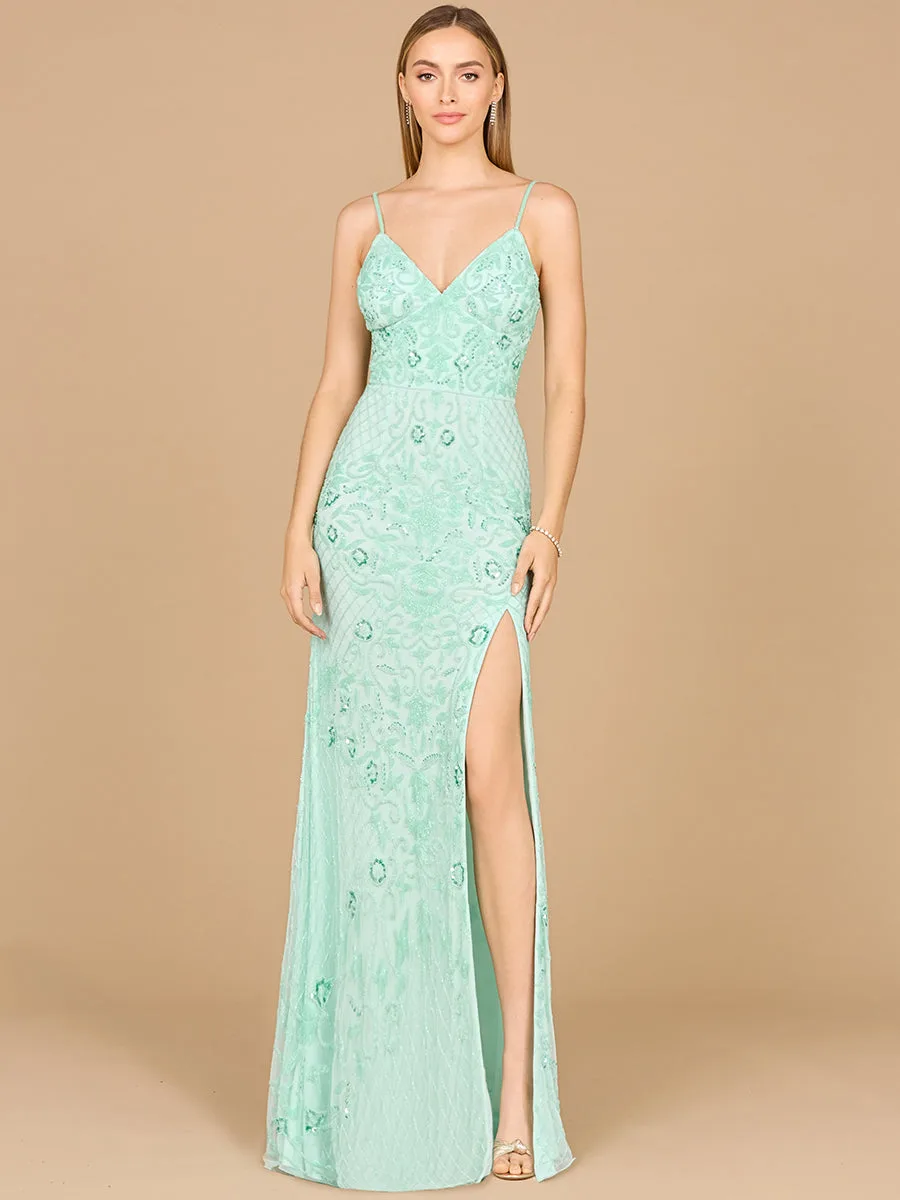 Body Con V-Neck Beaded Gown by Lara New York — style 9961 in Mint