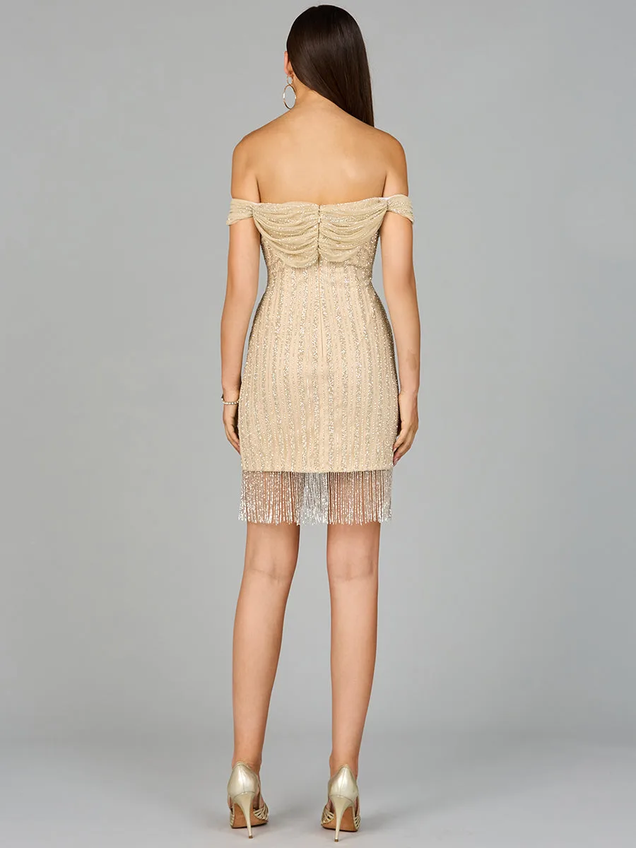 Off Shoulder Fringe Wrap Dress by Lara New York — style 9970
