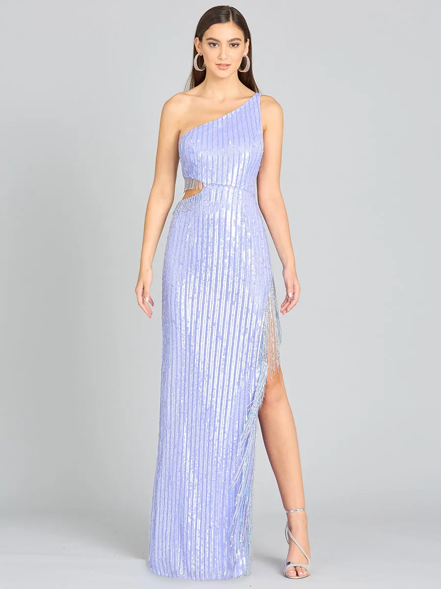 Wendy Beaded Fringe Gown by Lara New York — style 9978 in Blue Iris