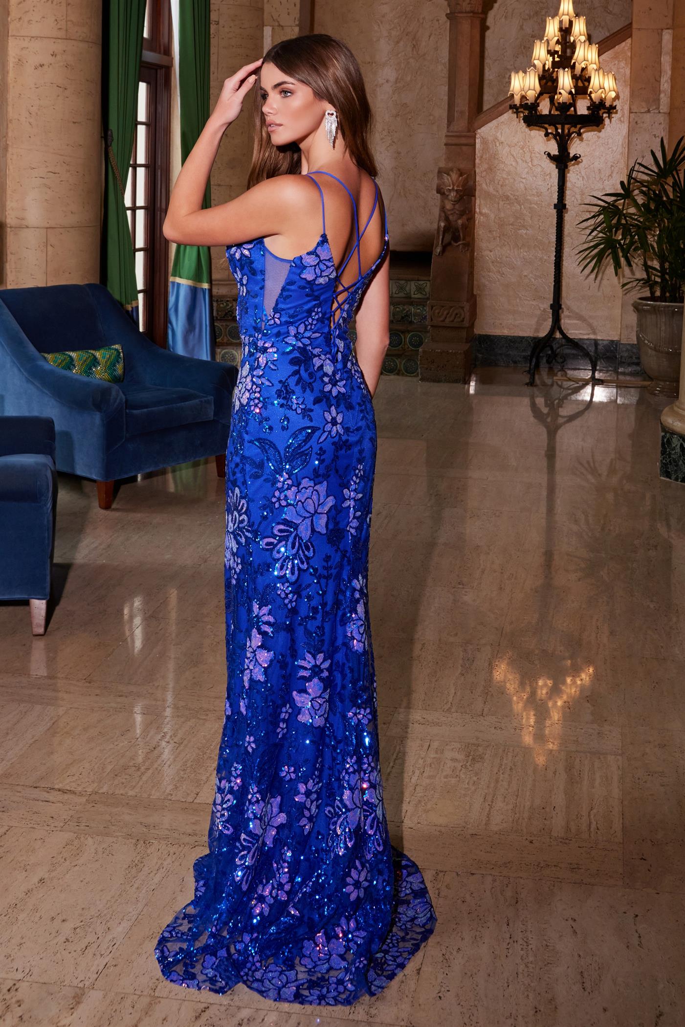 Deep V-Neck Floral Sequined Tulle Dress — Nox Anabel A1587