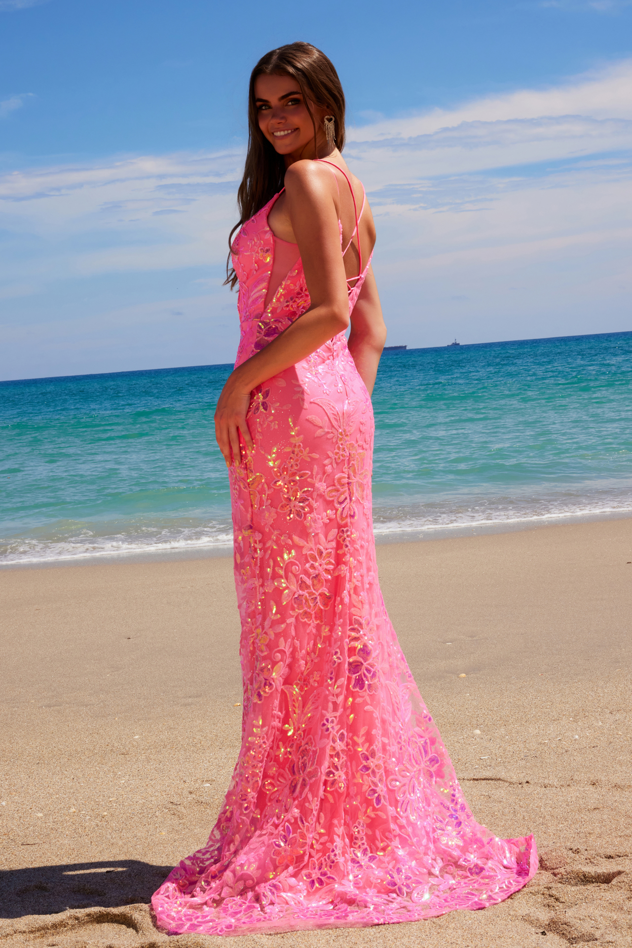 Deep V-Neck Floral Sequined Tulle Dress — Nox Anabel A1587