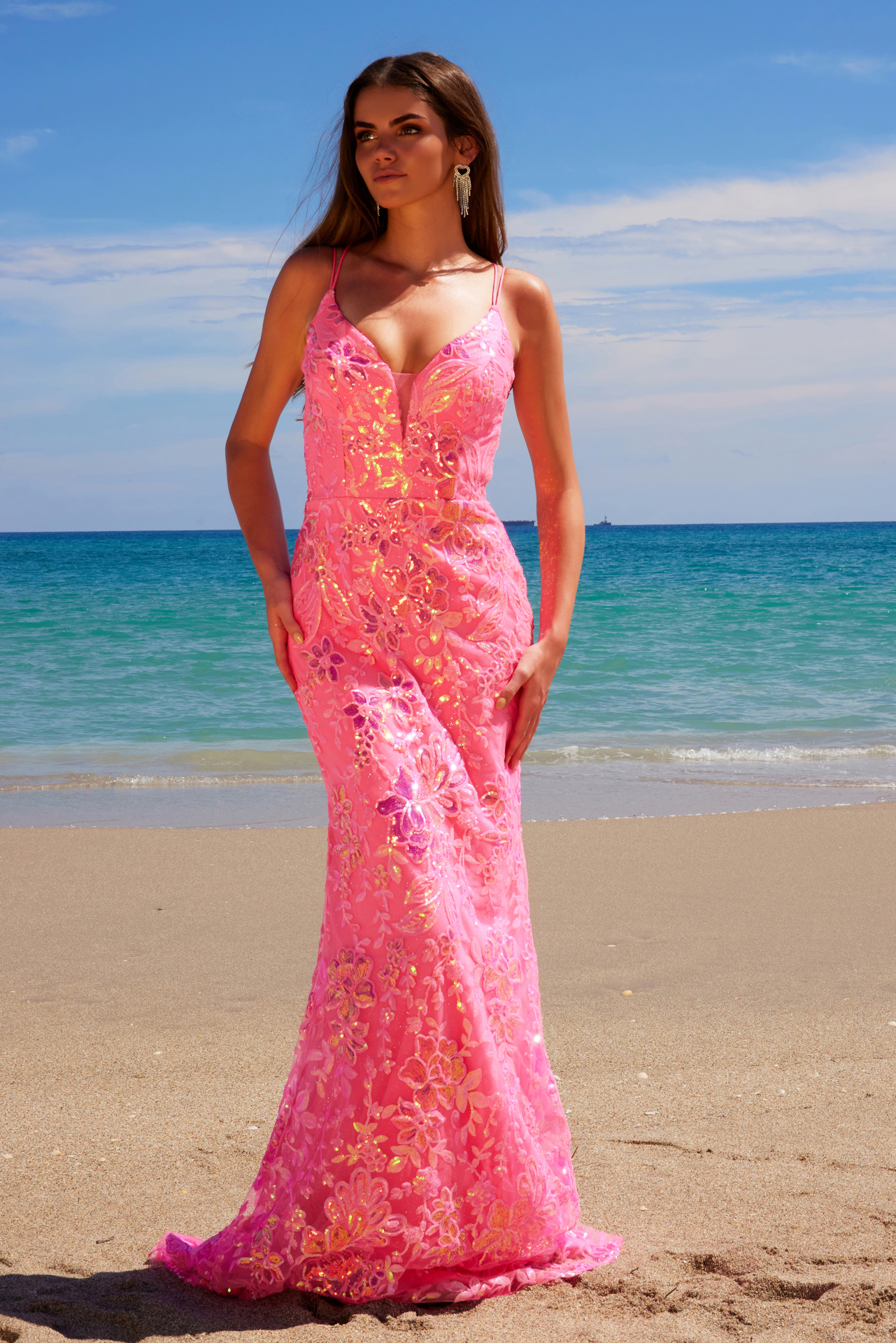 Deep V-Neck Floral Sequined Tulle Dress — Nox Anabel A1587