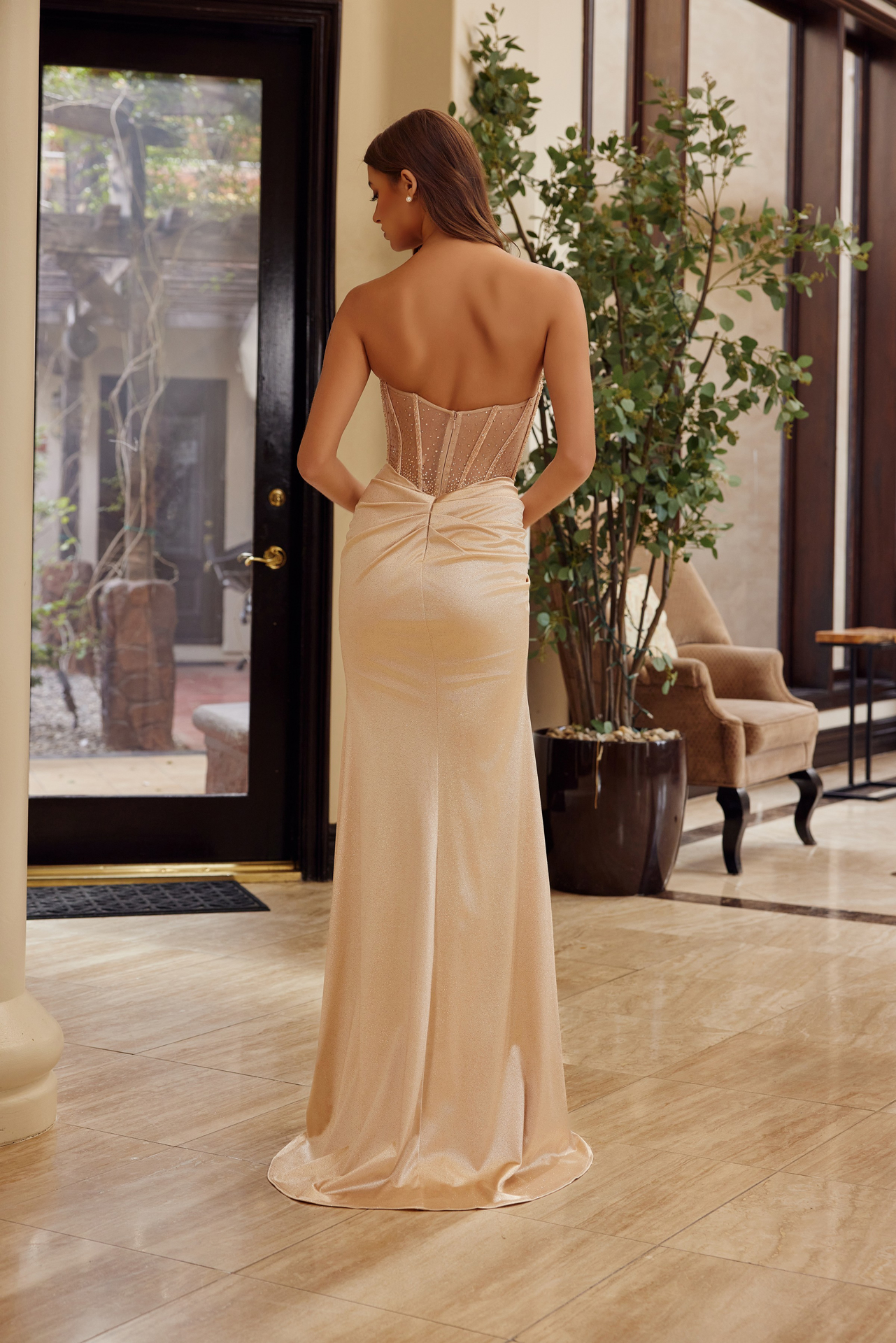 V-Neck Strapless Beaded Dress with Slit — Nox Anabel A1596