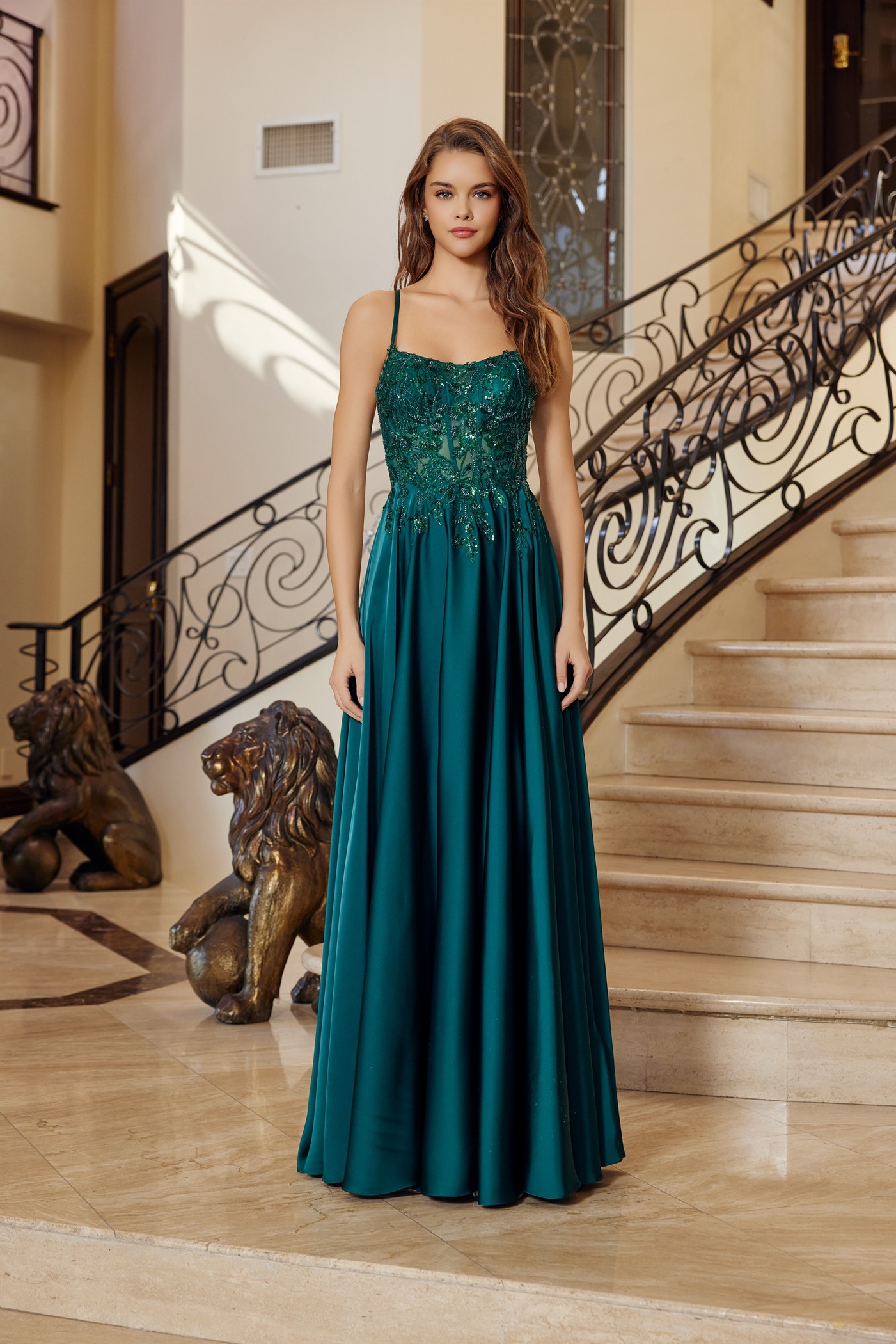 A-Line Stretch Satin Lace-Up Back Sequined Woven Applique