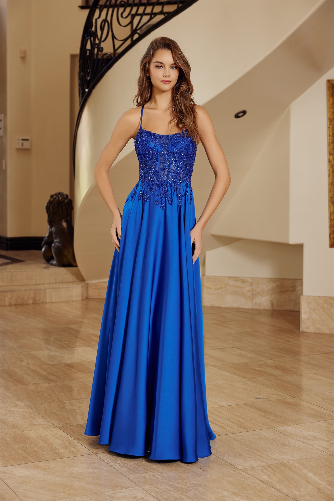 A-Line Stretch Satin Lace-Up Back Sequined Woven Applique — Nox Anabel A1725