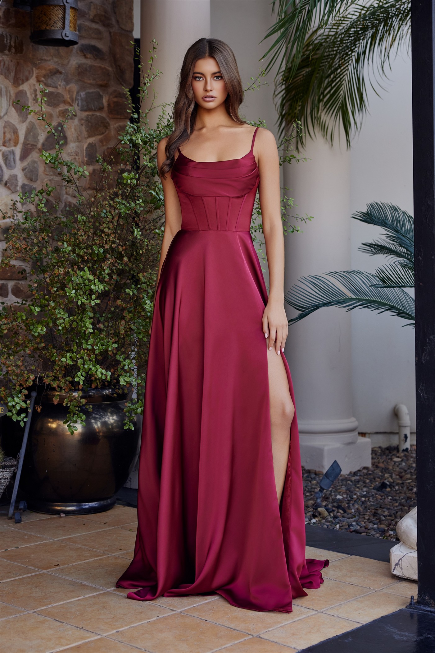 A-Line Scoop Neckline Stretch Satin Boned Bodice Thigh Slit — Nox Anabel A1744
