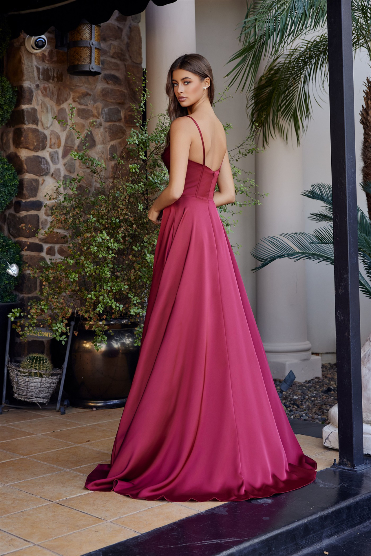 A-Line Scoop Neckline Stretch Satin Boned Bodice Thigh Slit — Nox Anabel A1744