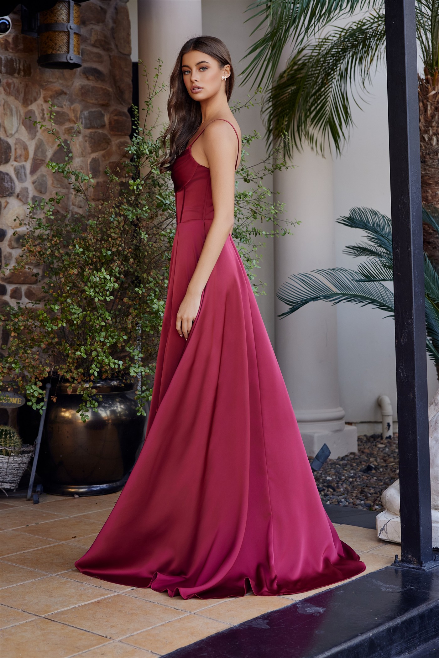 A-Line Scoop Neckline Stretch Satin Boned Bodice Thigh Slit — Nox Anabel A1744