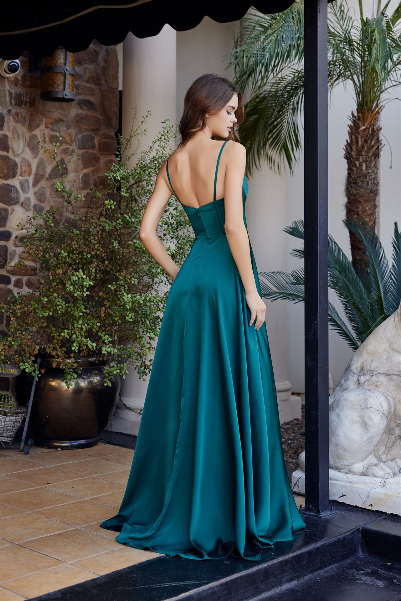 A-Line Scoop Neckline Stretch Satin Boned Bodice Thigh Slit — Nox Anabel A1744