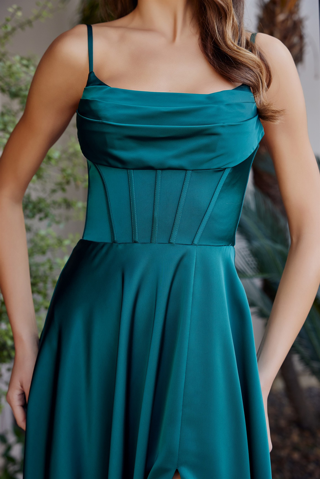 A-Line Scoop Neckline Stretch Satin Boned Bodice Thigh Slit — Nox Anabel A1744