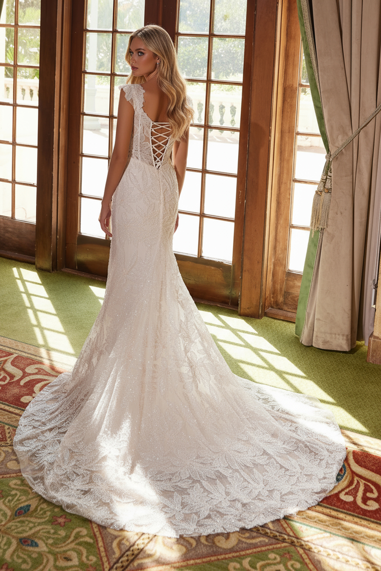 Cap Sleeve Beaded Applique Lace Up Wedding Dress — Nox Anabel C1600W