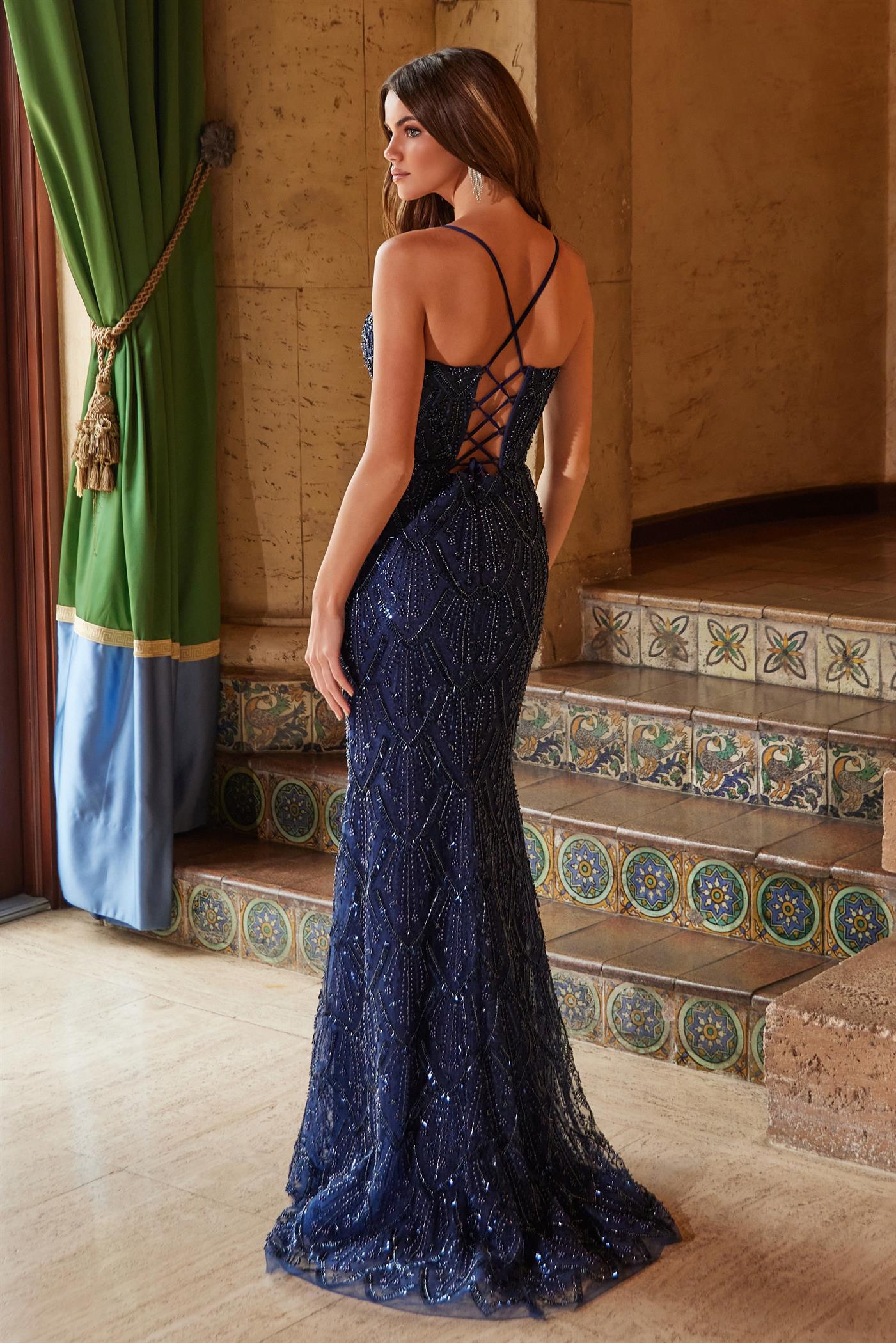 Beaded Tulle Lace-Up Dress with Slit — Nox Anabel C1616