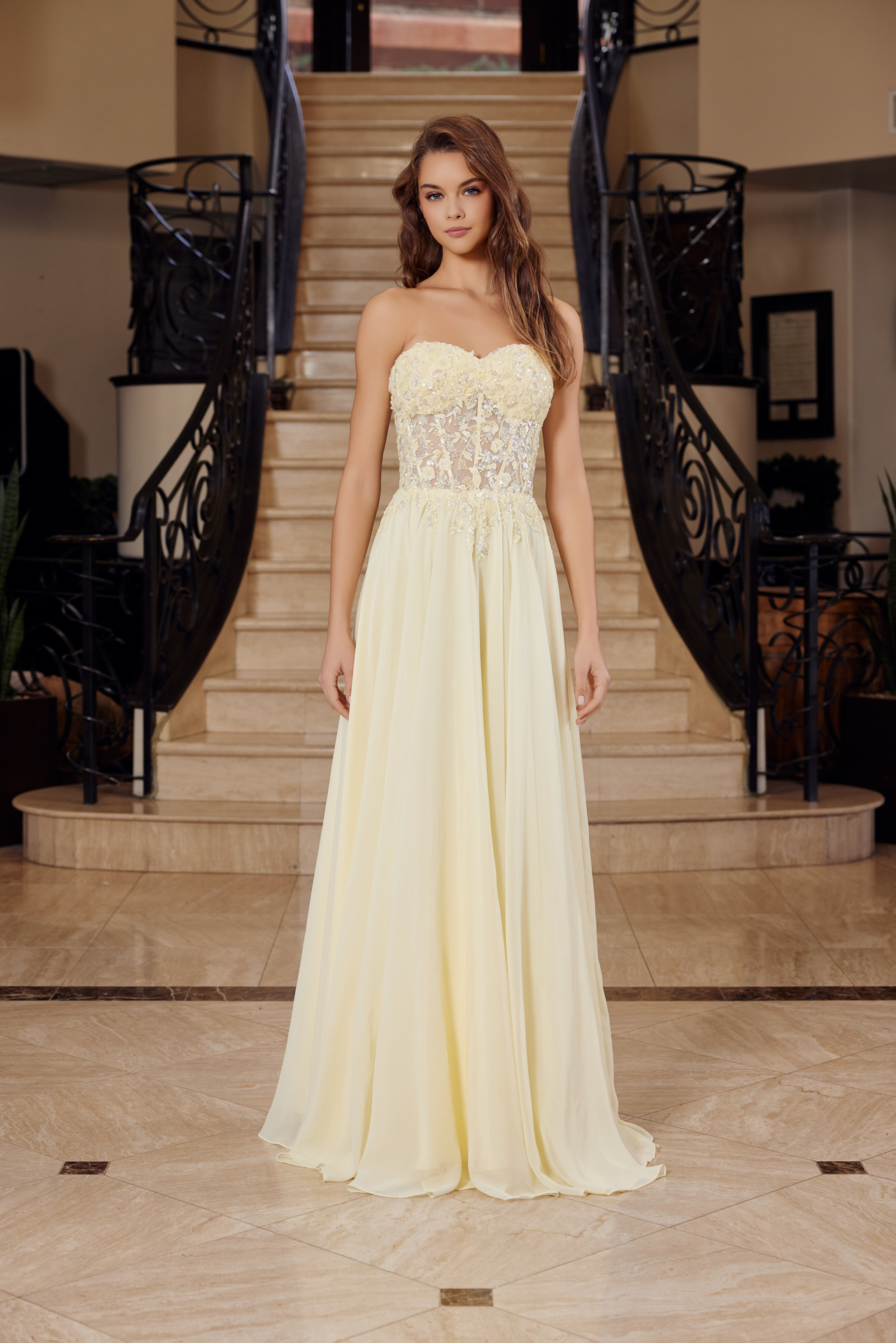 Strapless Applique Corset with Chiffon Skirt Dress — Nox Anabel C1617