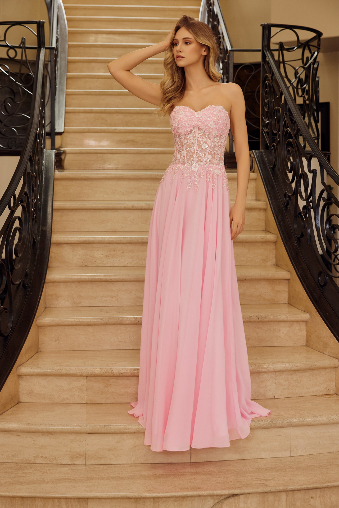 Strapless Applique Corset with Chiffon Skirt Dress — Nox Anabel C1617