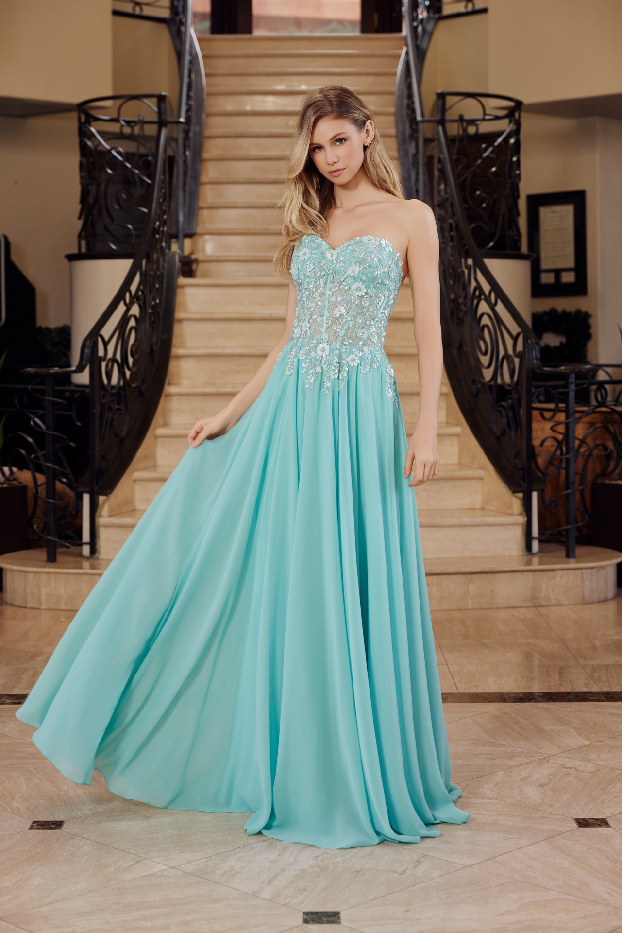 Strapless Applique Corset with Chiffon Skirt Dress — Nox Anabel C1617