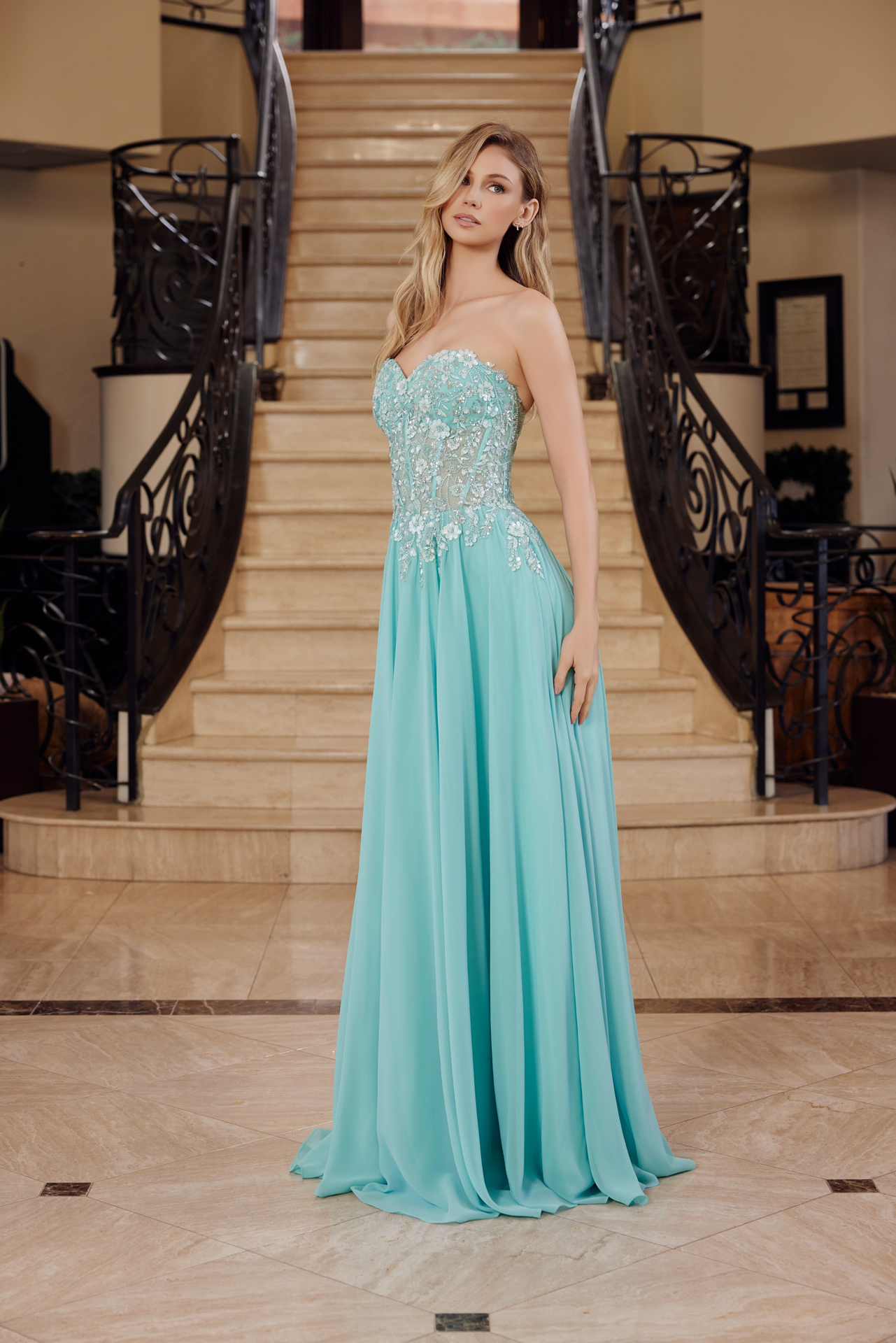 Strapless Applique Corset with Chiffon Skirt Dress — Nox Anabel C1617