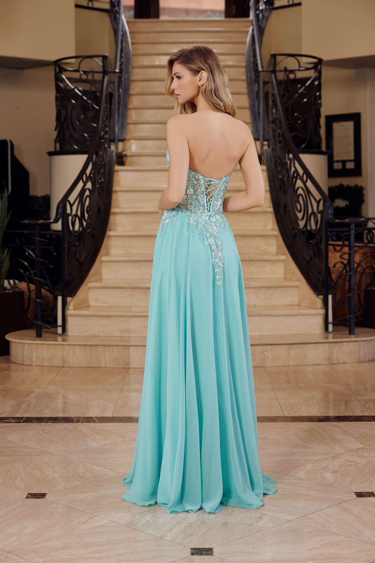 Strapless Applique Corset with Chiffon Skirt Dress — Nox Anabel C1617