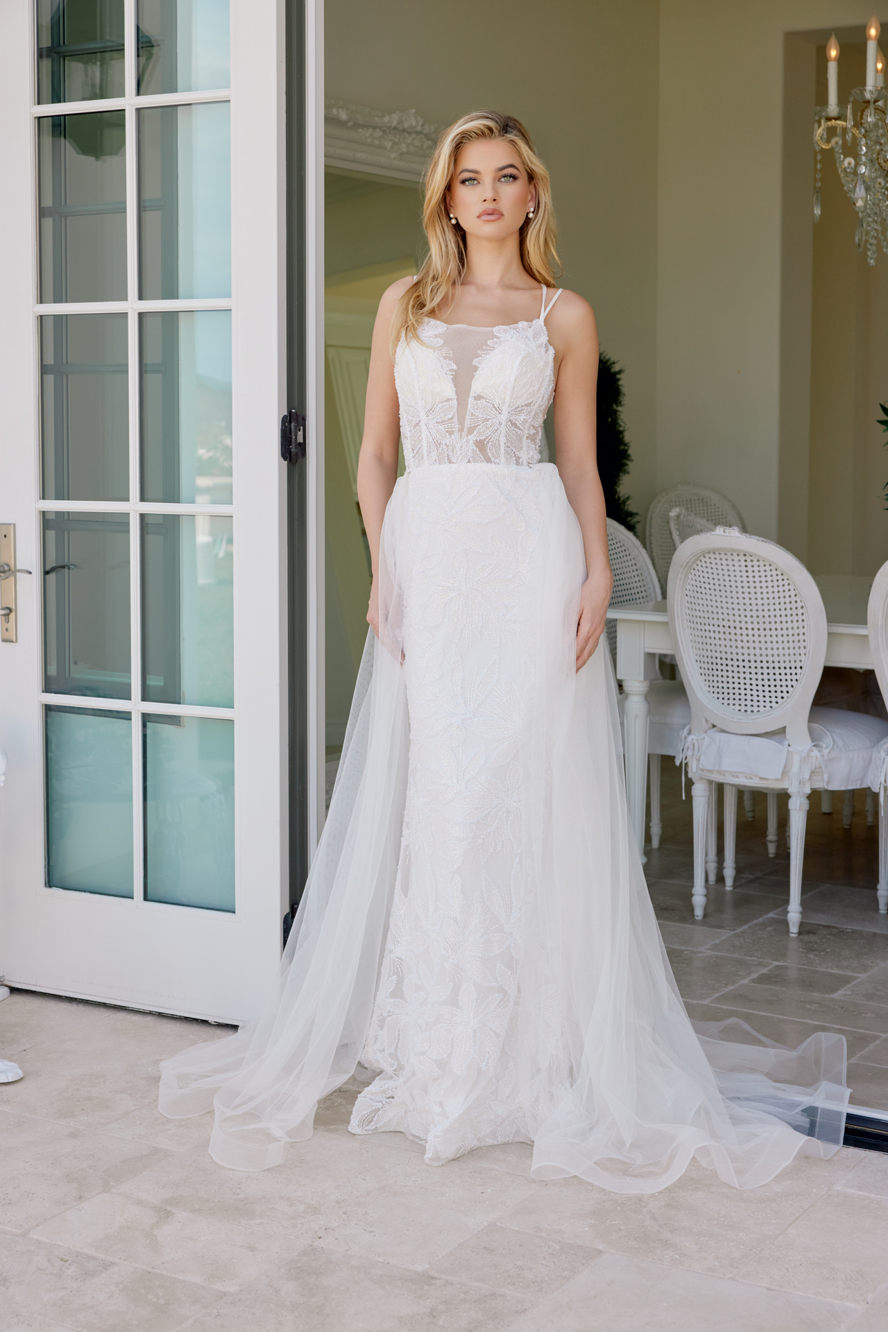 Beaded Floral Applique Dress With Detachable Skirt