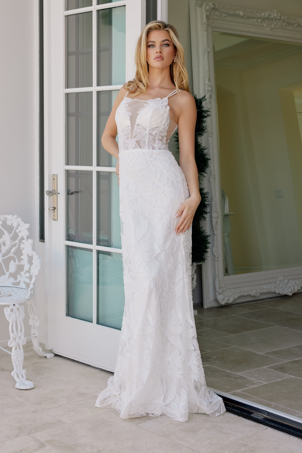 Beaded Floral Applique Dress With Detachable Skirt — Nox Anabel C1628W