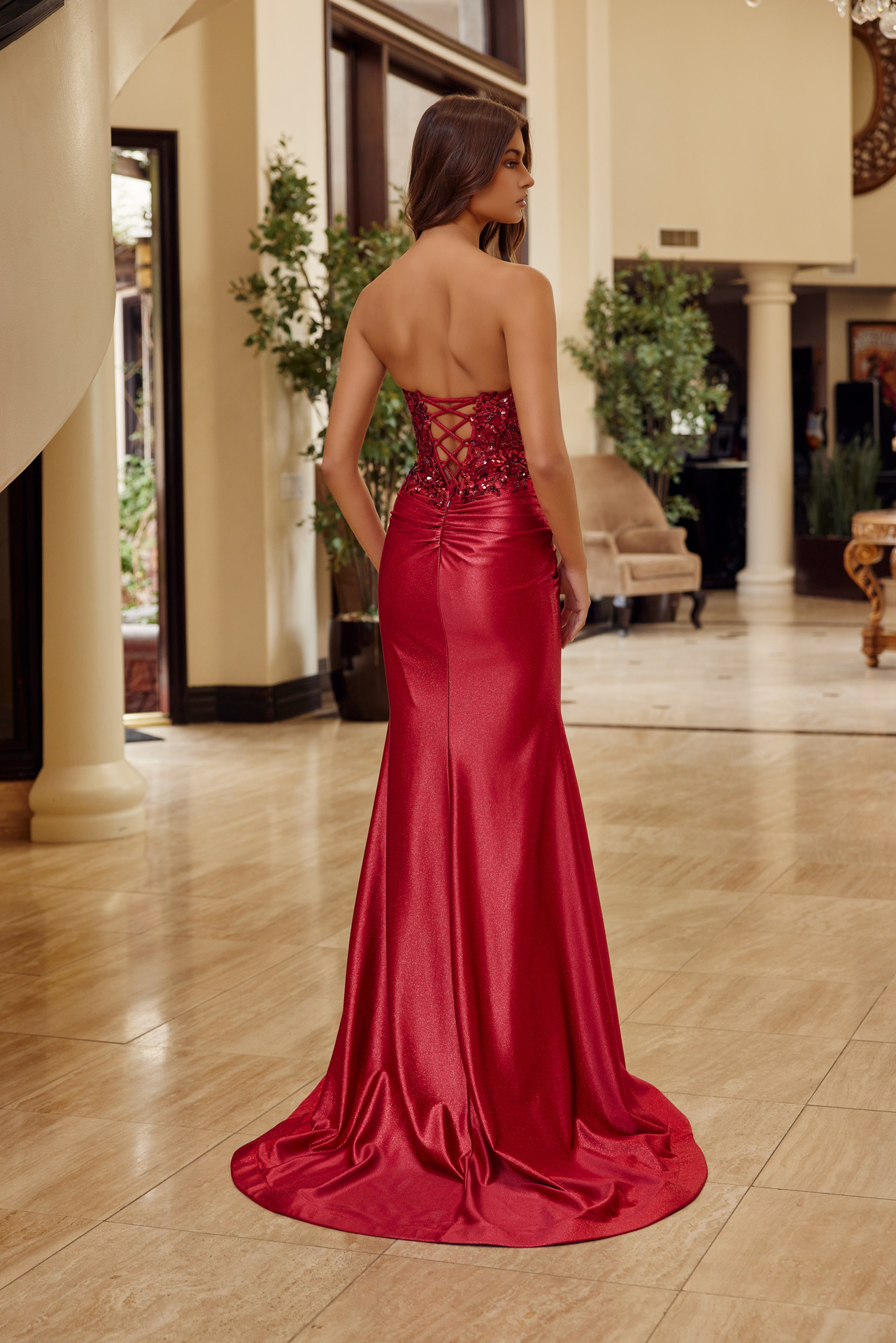 Glitter Satin Sequin Lace Up Bodice Dress — Nox Anabel C1630