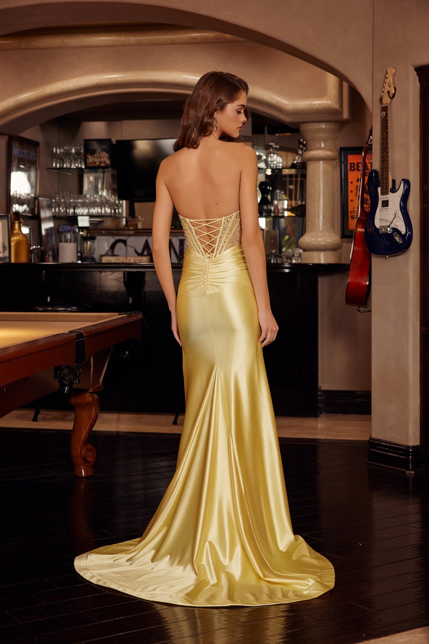 Embellished Illusion Bodice with Lace Up Back and Thigh Slit — Nox Anabel C1830