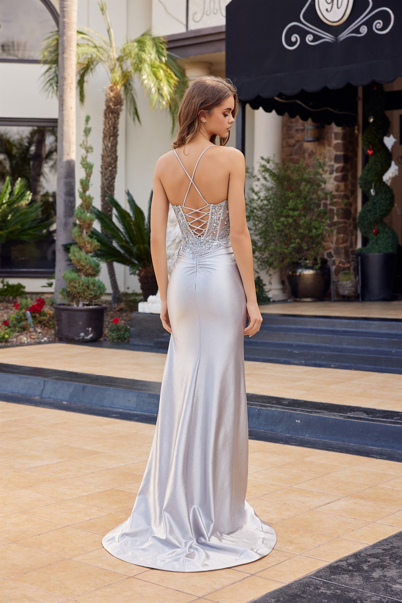 Glitter Dusted Satin Sequined Embellishments Illusion Plunge — Nox Anabel C1841