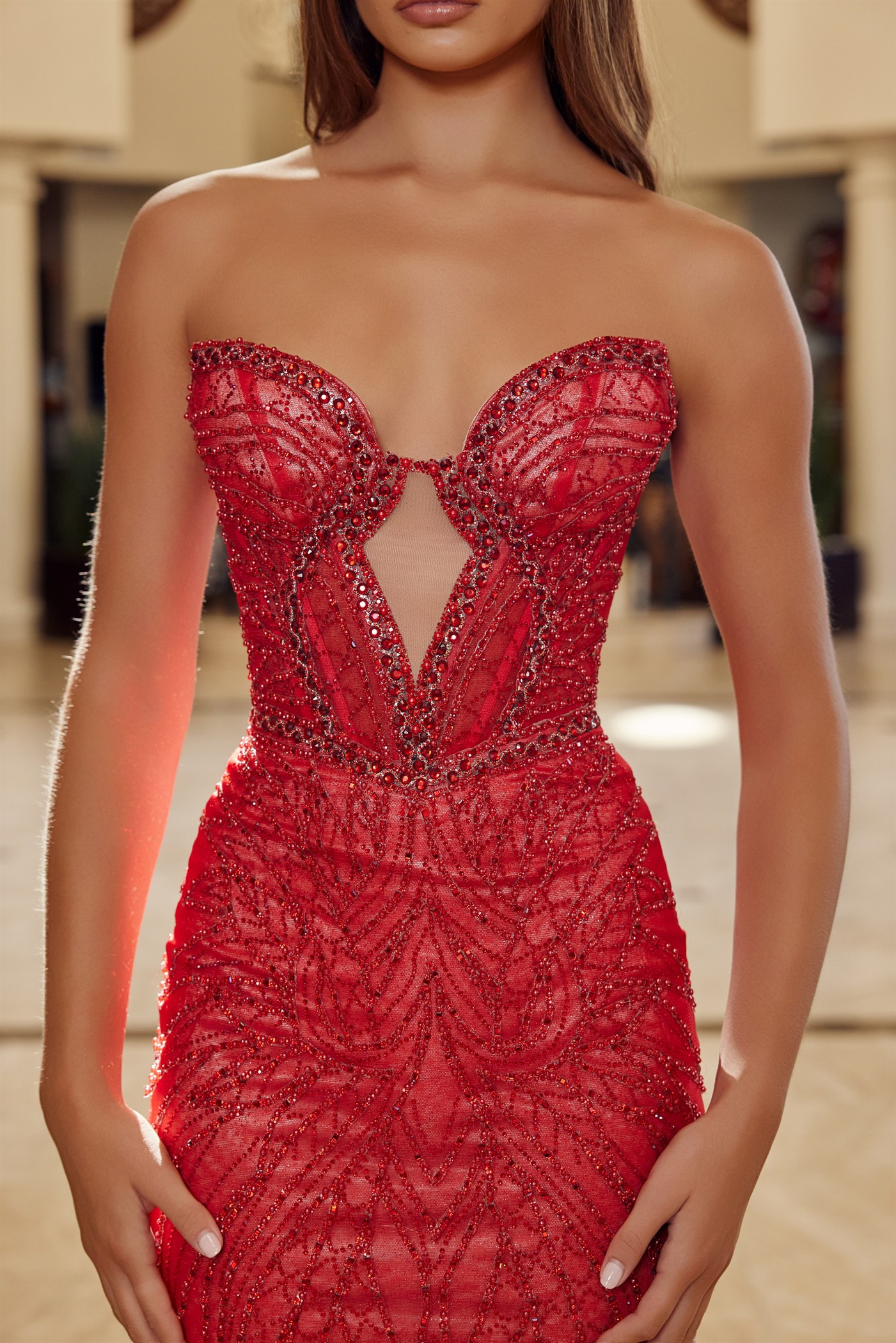 Fitted Beaded Tulle Strapless Keyhole Bodice Lace Up Closure — Nox Anabel C1848