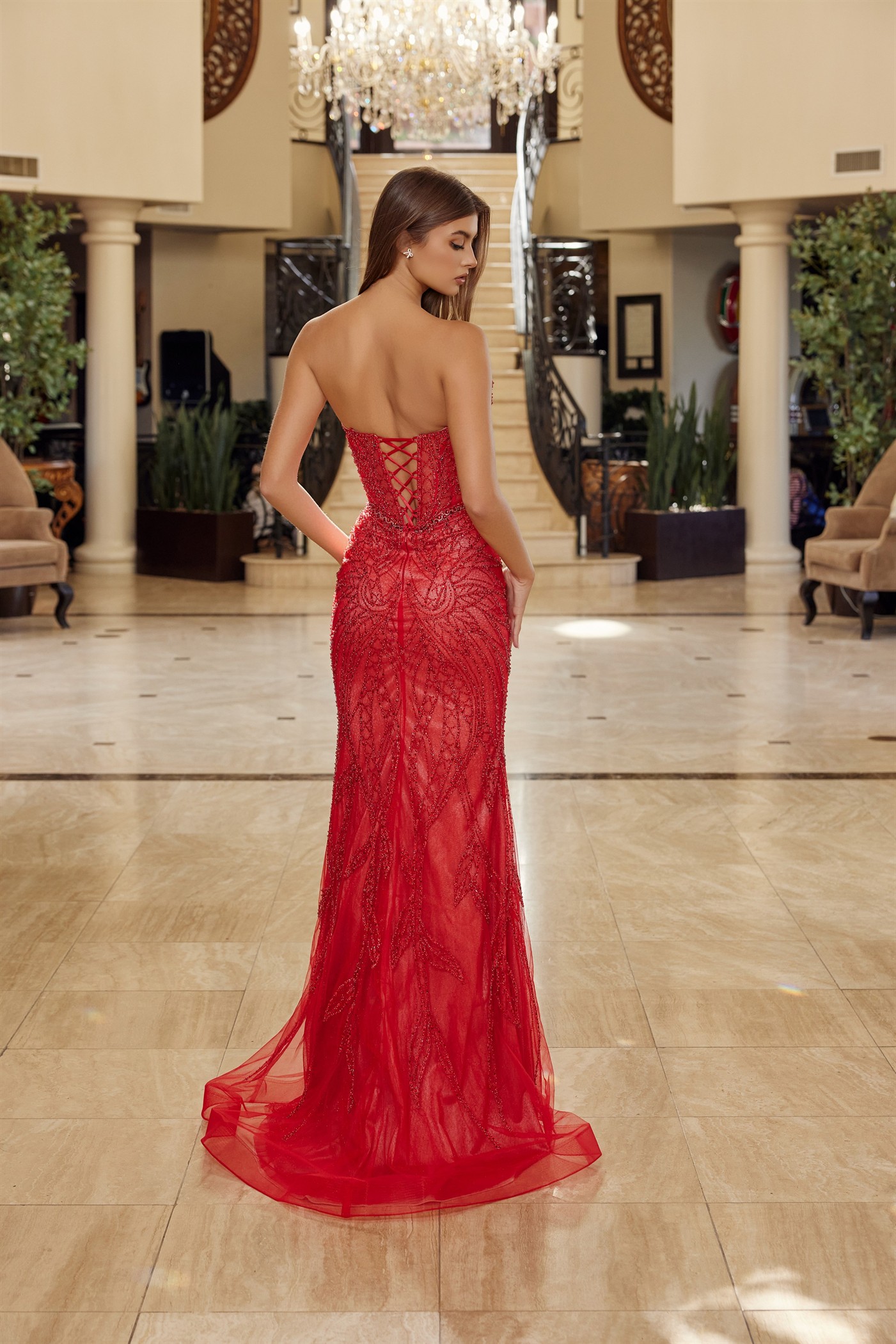 Fitted Beaded Tulle Strapless Keyhole Bodice Lace Up Closure — Nox Anabel C1848