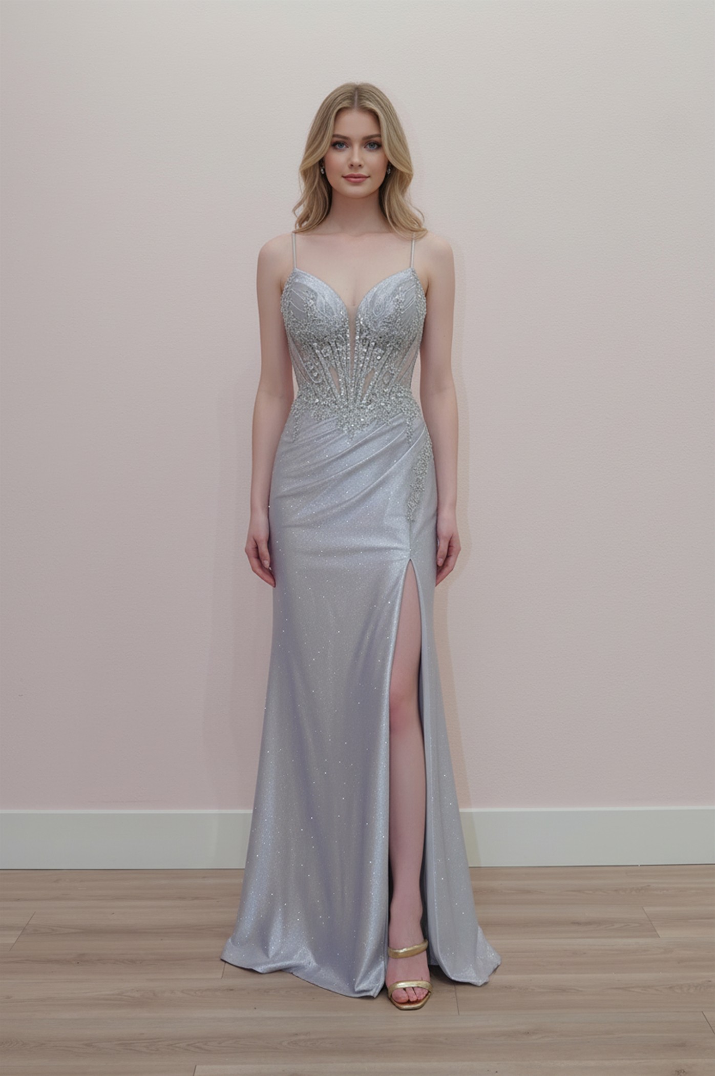 Plunging V Neckline Shiny Abeaded Sequined Applique Bodice — Nox Anabel D1768