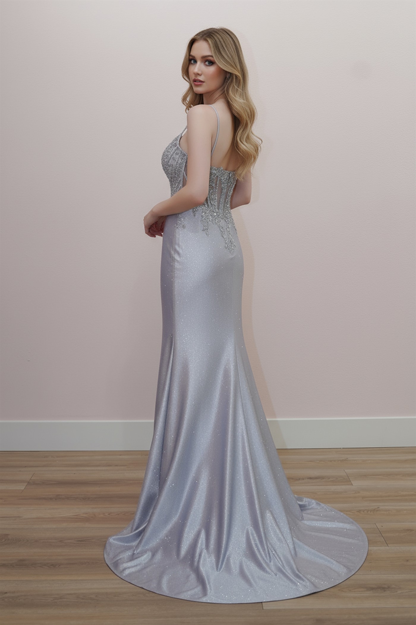Plunging V Neckline Shiny Abeaded Sequined Applique Bodice — Nox Anabel D1768