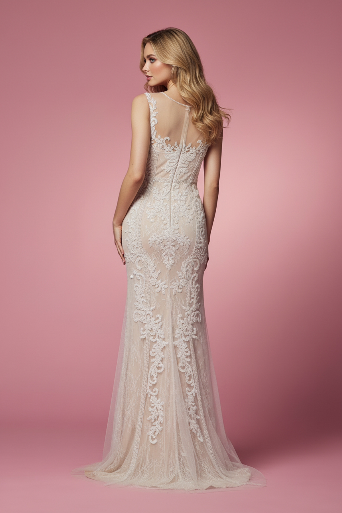 Fitted Illusion Neckline Floral Appliqued Wedding Gown — Nox Anabel E1006