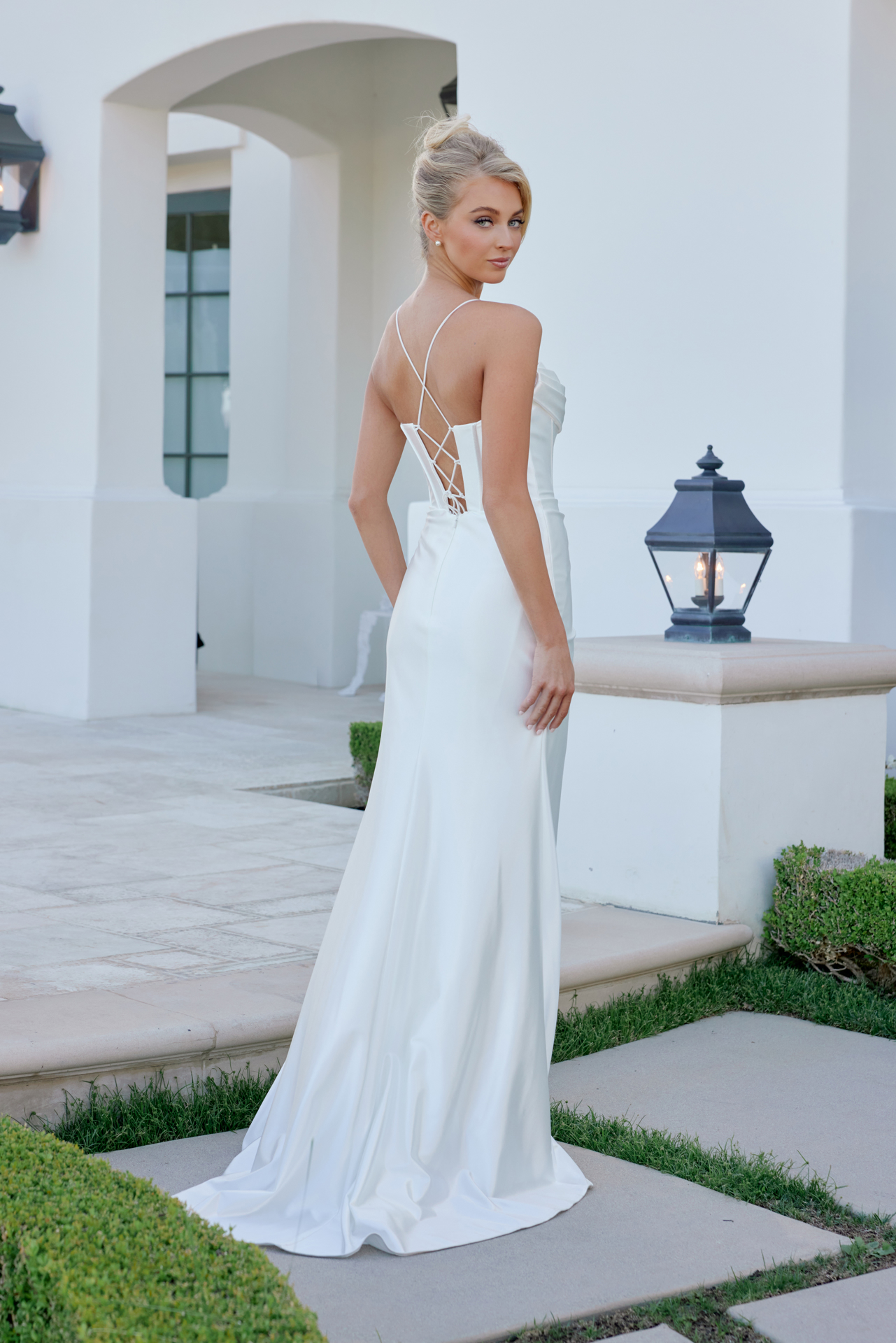 Satin Cowl Neck Dress with Bustier Corset Wedding Gown — Nox Anabel E1042W