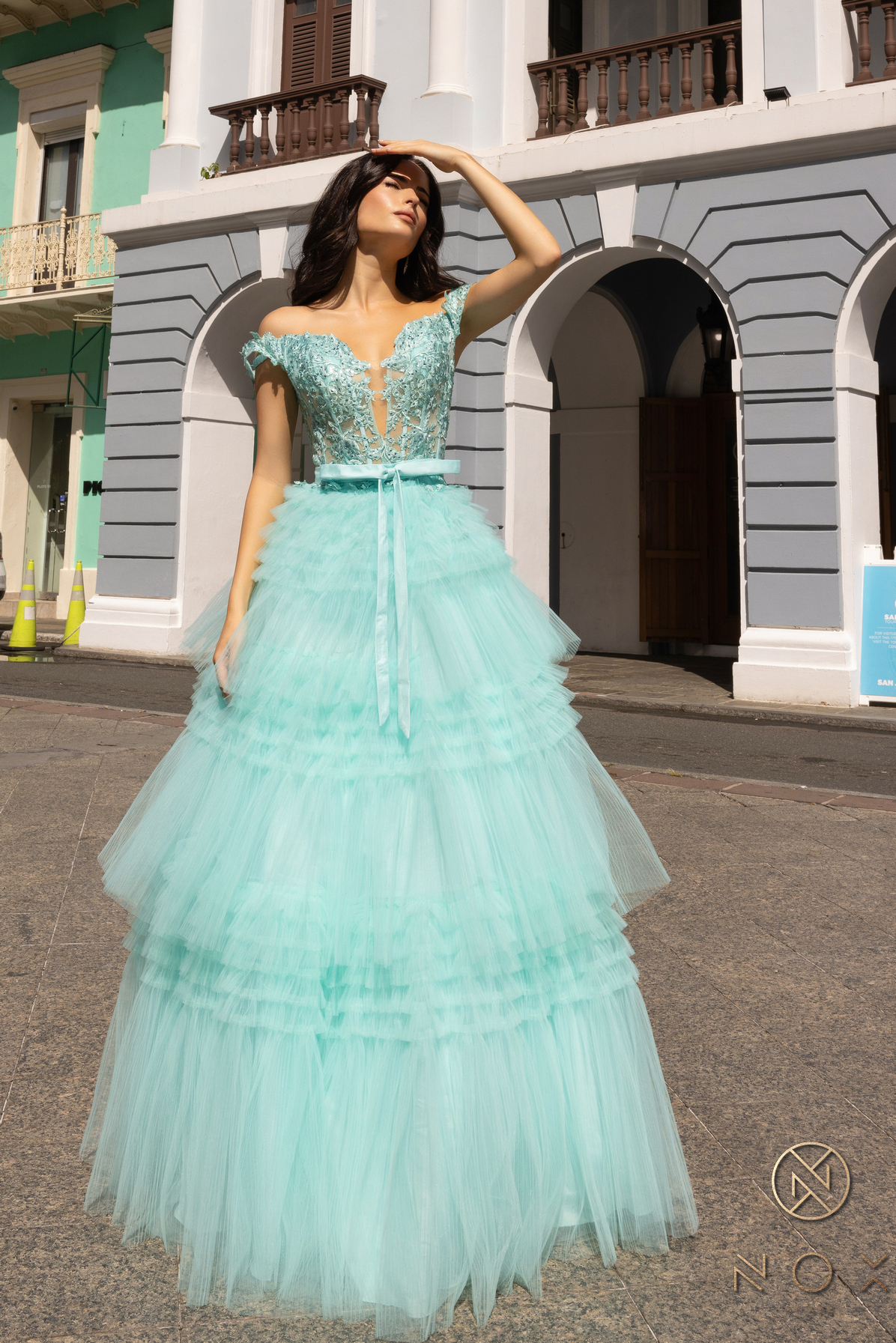 Off Shoulder Ruffled Tulle Layered Dress