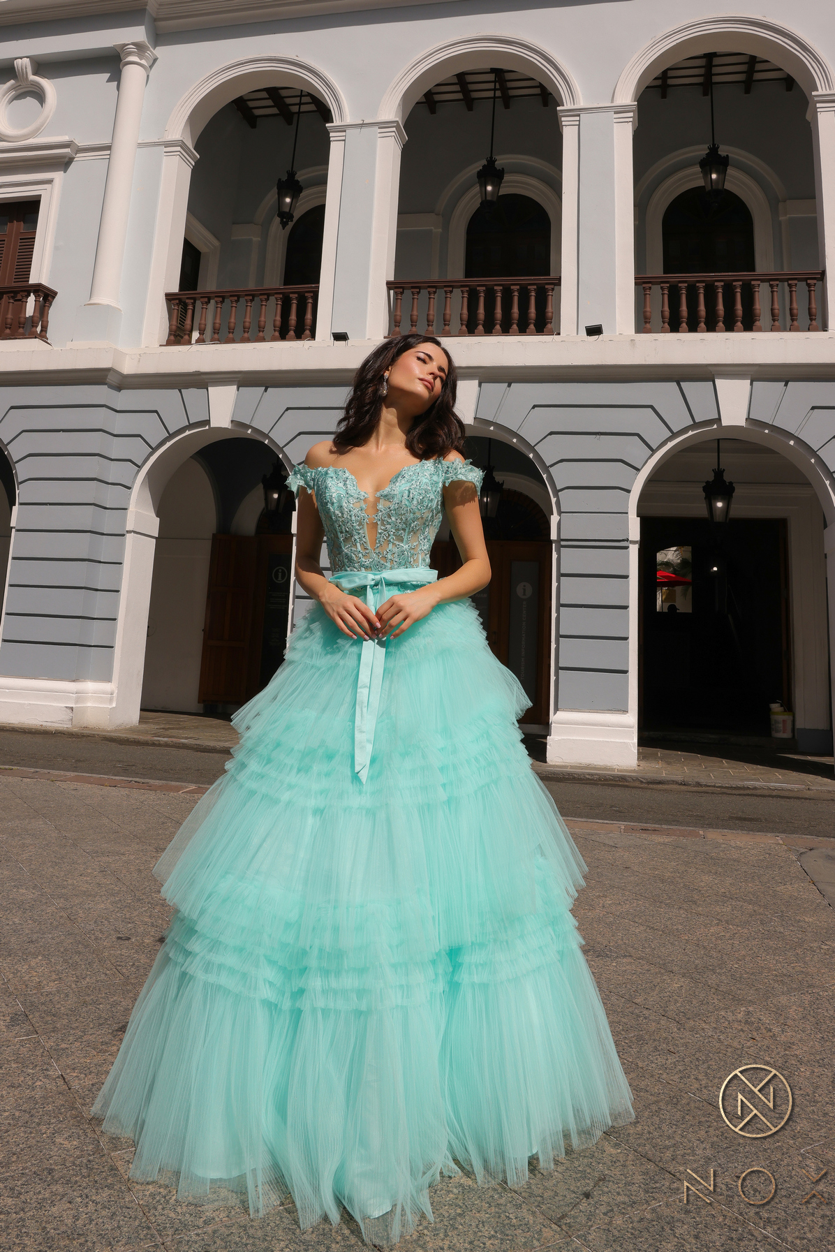 Off Shoulder Ruffled Tulle Layered Dress — Nox Anabel E1293