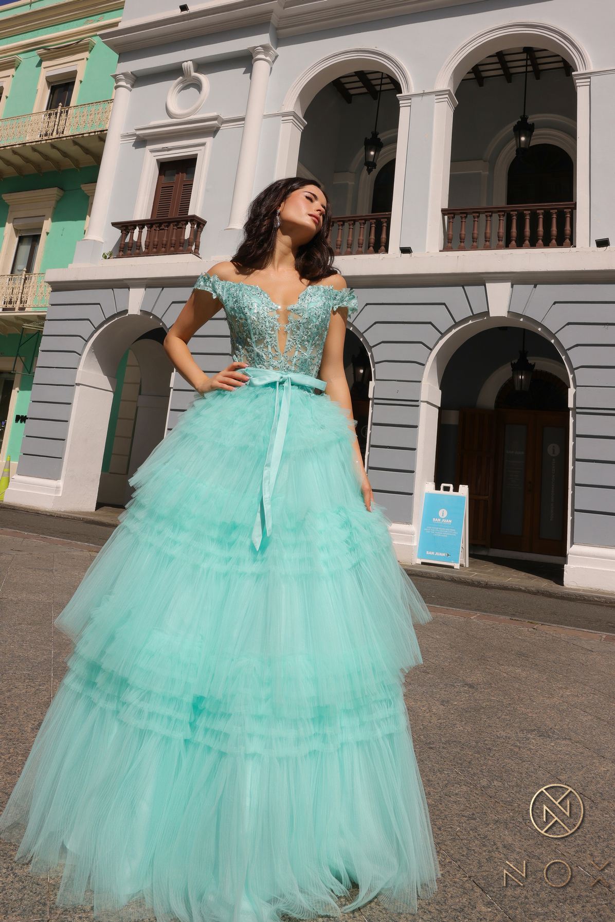 Off Shoulder Ruffled Tulle Layered Dress — Nox Anabel E1293
