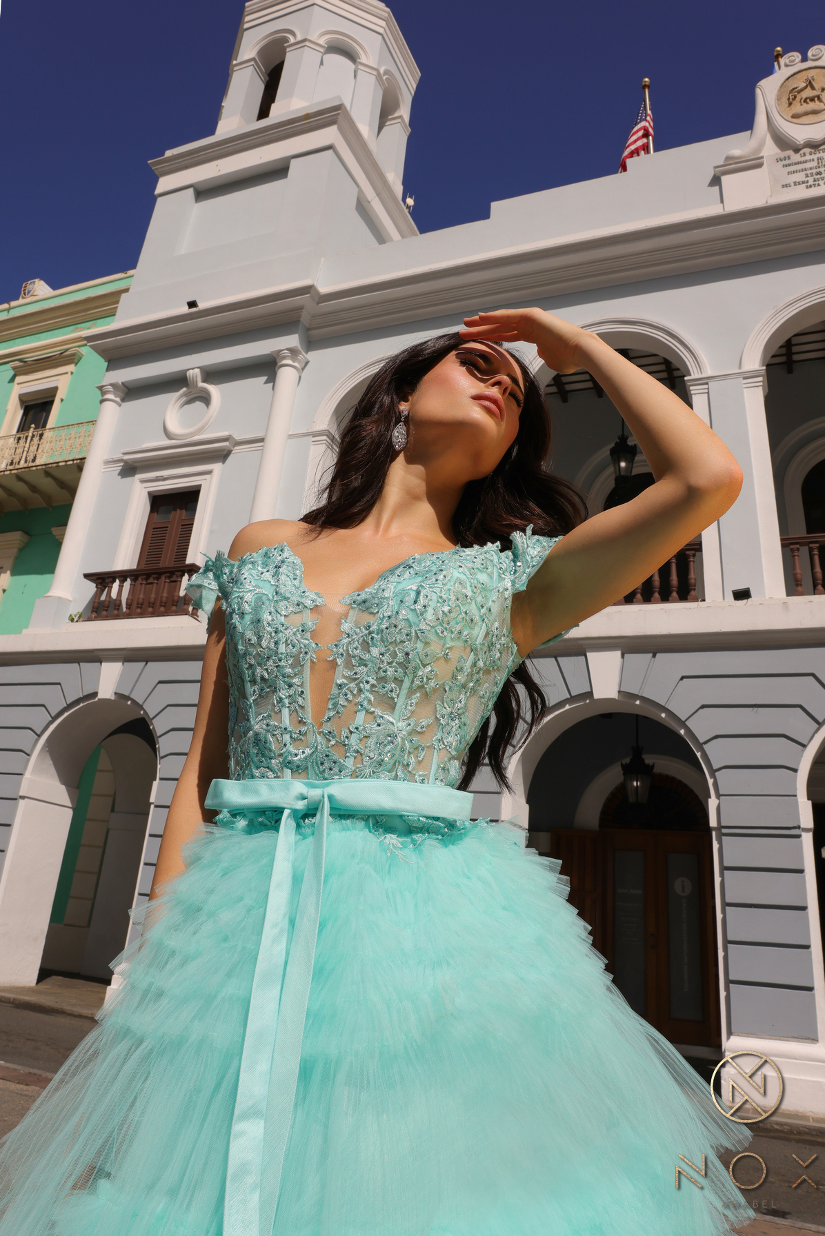 Off Shoulder Ruffled Tulle Layered Dress — Nox Anabel E1293