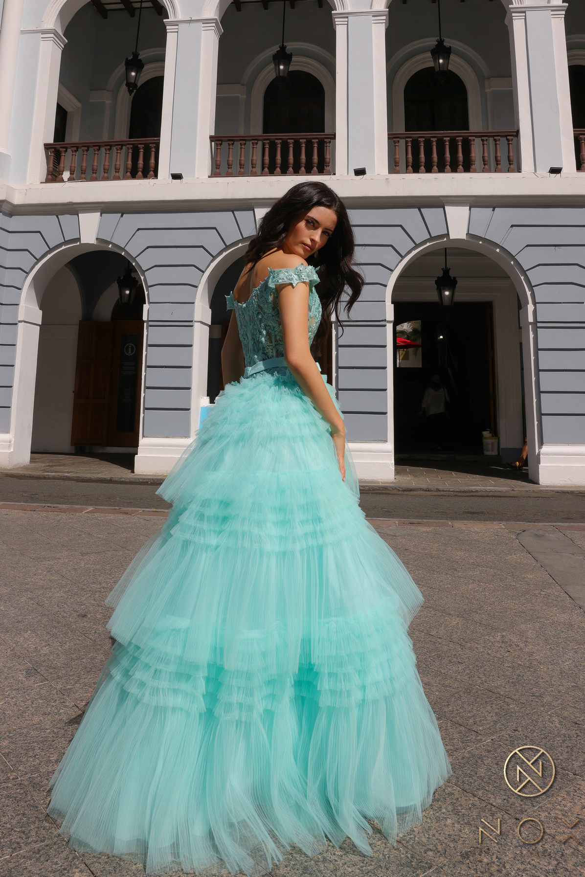 Off Shoulder Ruffled Tulle Layered Dress — Nox Anabel E1293