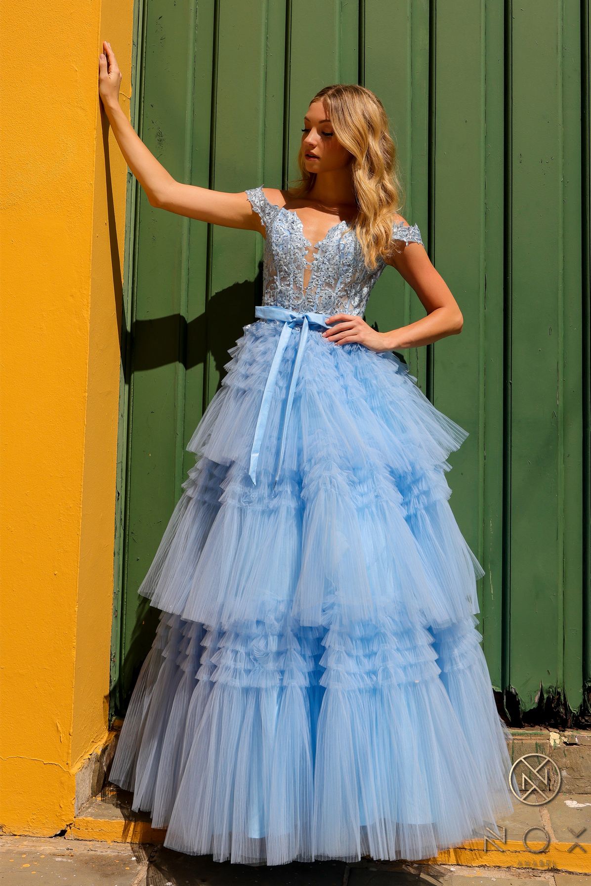 Off Shoulder Ruffled Tulle Layered Dress — Nox Anabel E1293