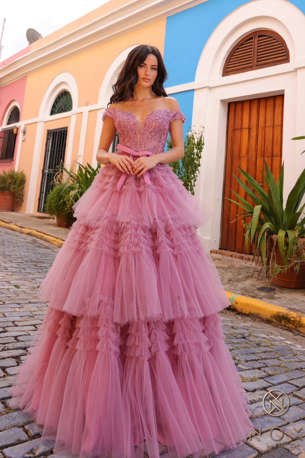 Off Shoulder Ruffled Tulle Layered Dress — Nox Anabel E1293