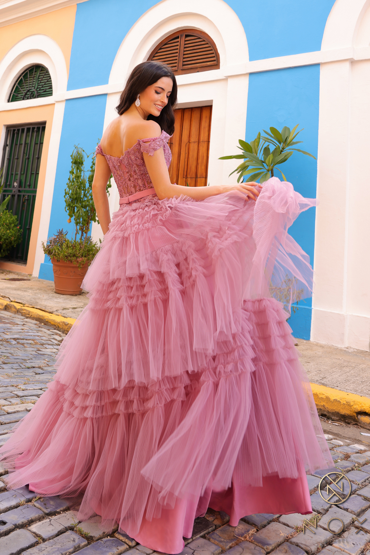 Off Shoulder Ruffled Tulle Layered Dress — Nox Anabel E1293