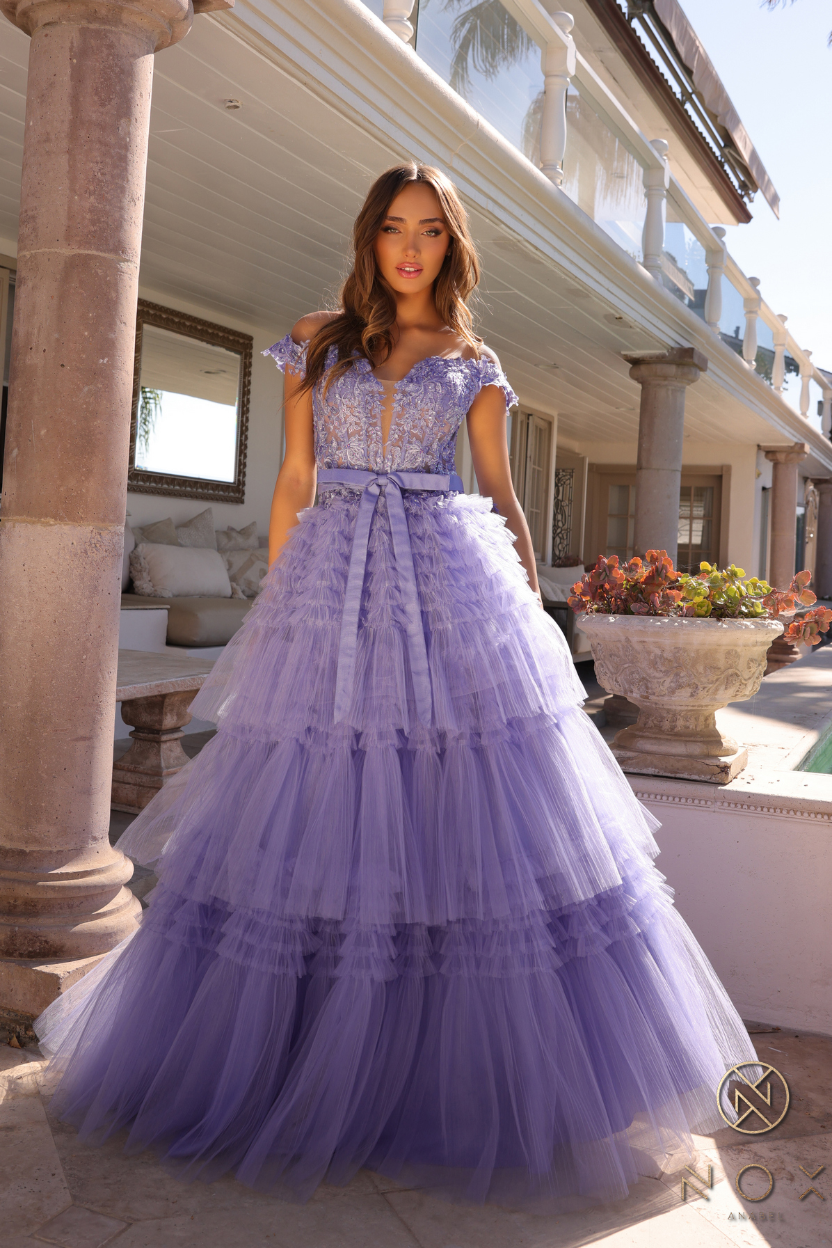 Off Shoulder Ruffled Tulle Layered Dress — Nox Anabel E1293