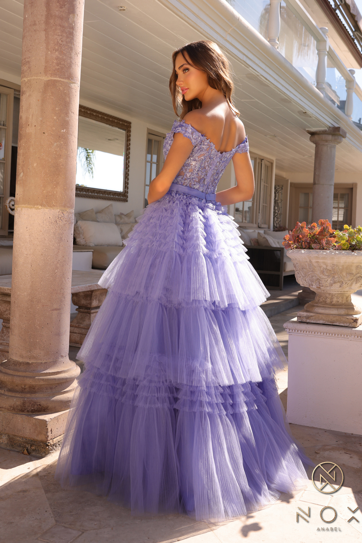 Off Shoulder Ruffled Tulle Layered Dress — Nox Anabel E1293