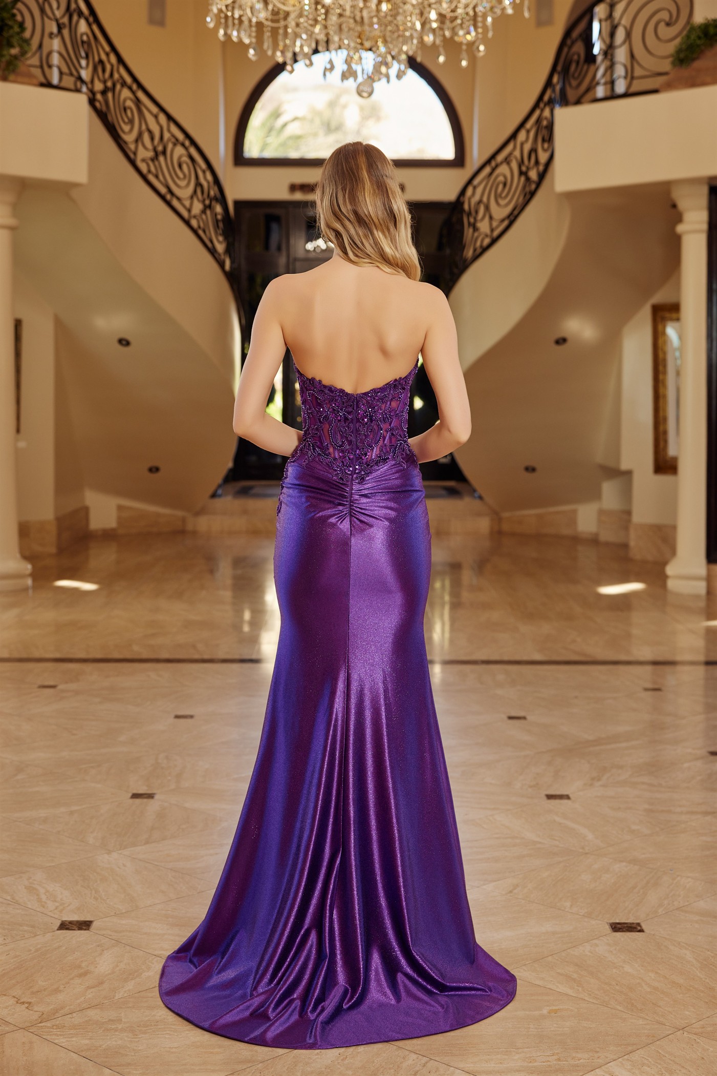 Strapless V Neckline Beading Applique Bodice — Nox Anabel E1907